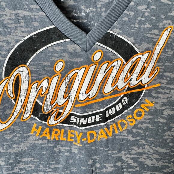 Harley Davidson T-Shirt Womens Large Burn Out Gray Roswell GA Graphic V-Neck - Picture 5 of 9